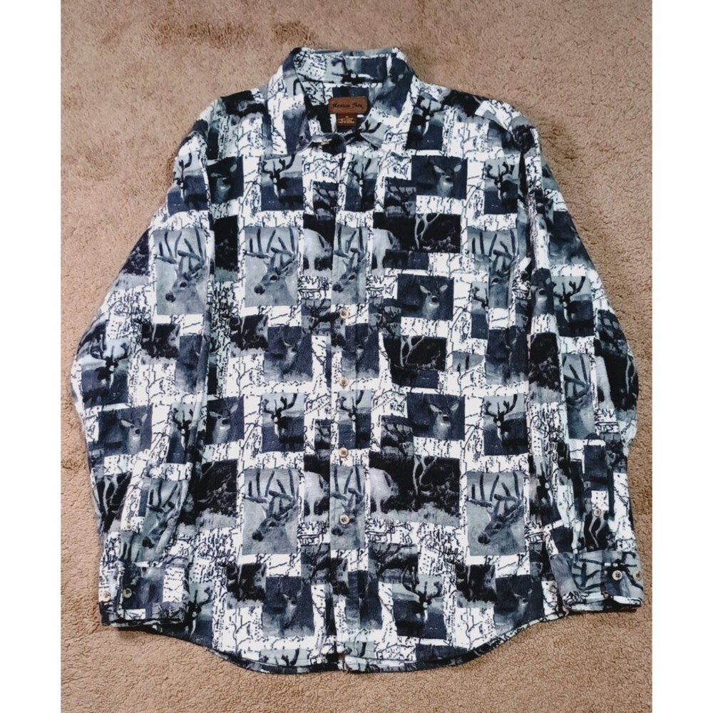 Marino Bay Deer Graphic Flannel Shirt Mens Medium Grey White Cabin Core Buck